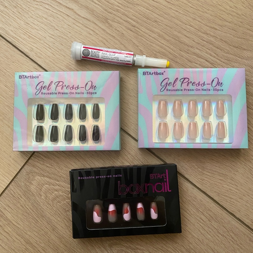 BTArtbox Nails Lot of 3 + Beauty Secret Glue, Gel Press-On Reusable Nails